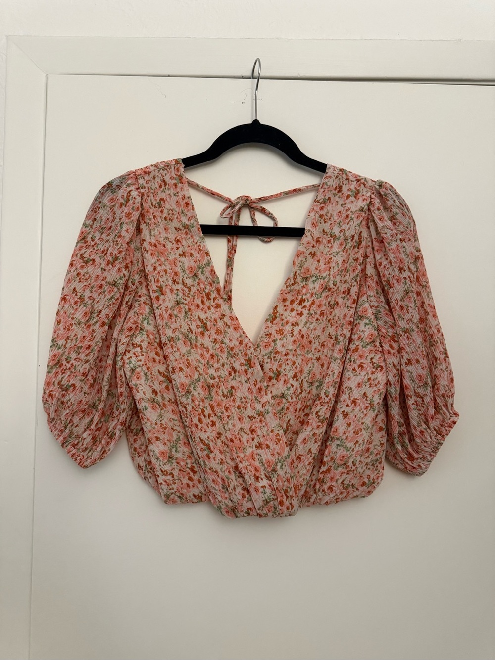 Lush Pink Floral Puff-Sleeve Wrap Blouse